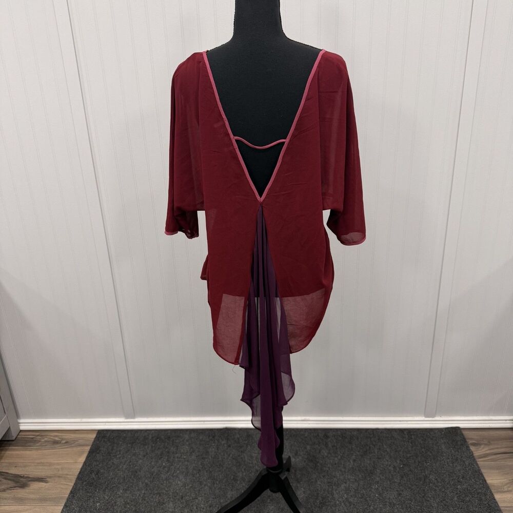 VaVa by Joy Han Women's Large Burgundy Sheer Blouse w/ Contrast Tail Boho Chic - Picture 3 of 6